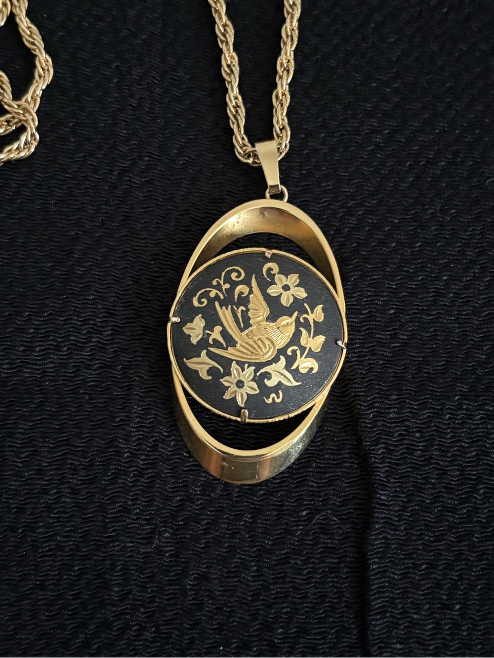 Vintage Spanish Damascene Gold and Black Bird Medallion Pendant Necklace